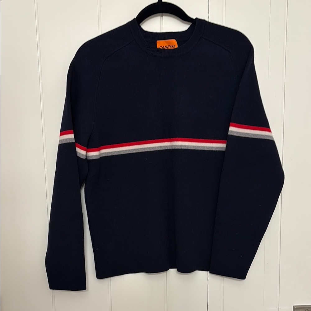Blue and Red Crewneck Sweater with Striped Design